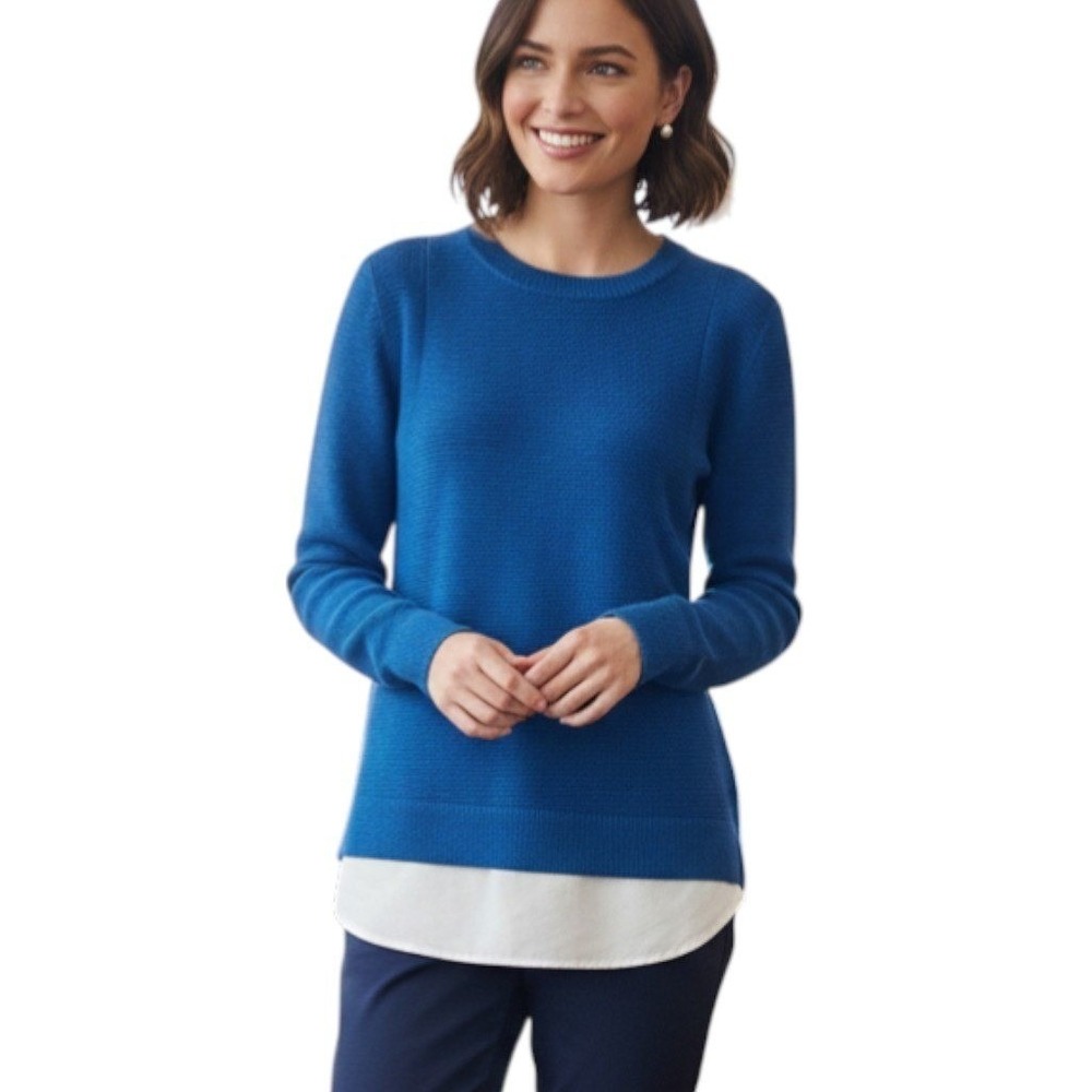 Hilary Radley‎ Blue Crew Neck Sweater White Shirt Hem Layered Look Small